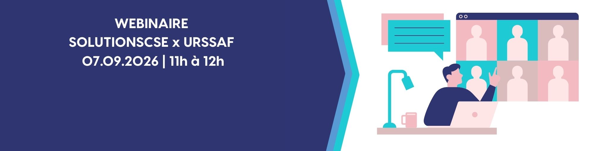 Bannière d’un webinaire SolutionsCSE sur l’Urssaf avec illustration d’échanges en ligne
