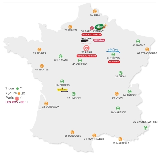 Carte de France présentant les villes des salons SolutionsCSE du second semestre