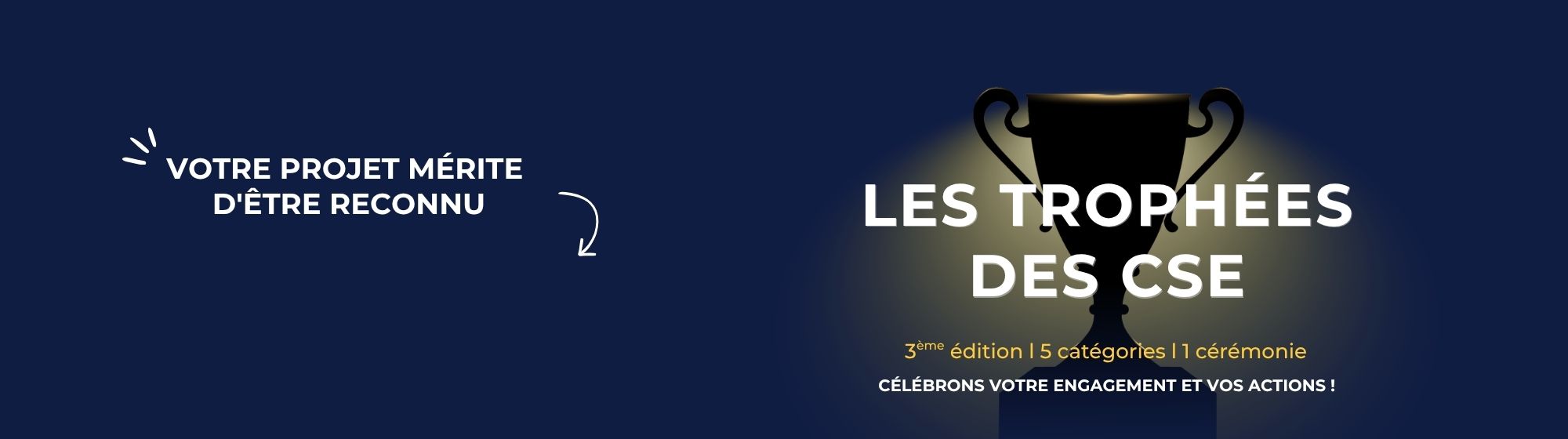 Illustration des Trophées des CSE avec un trophée sur fond bleu et texte promotionnel